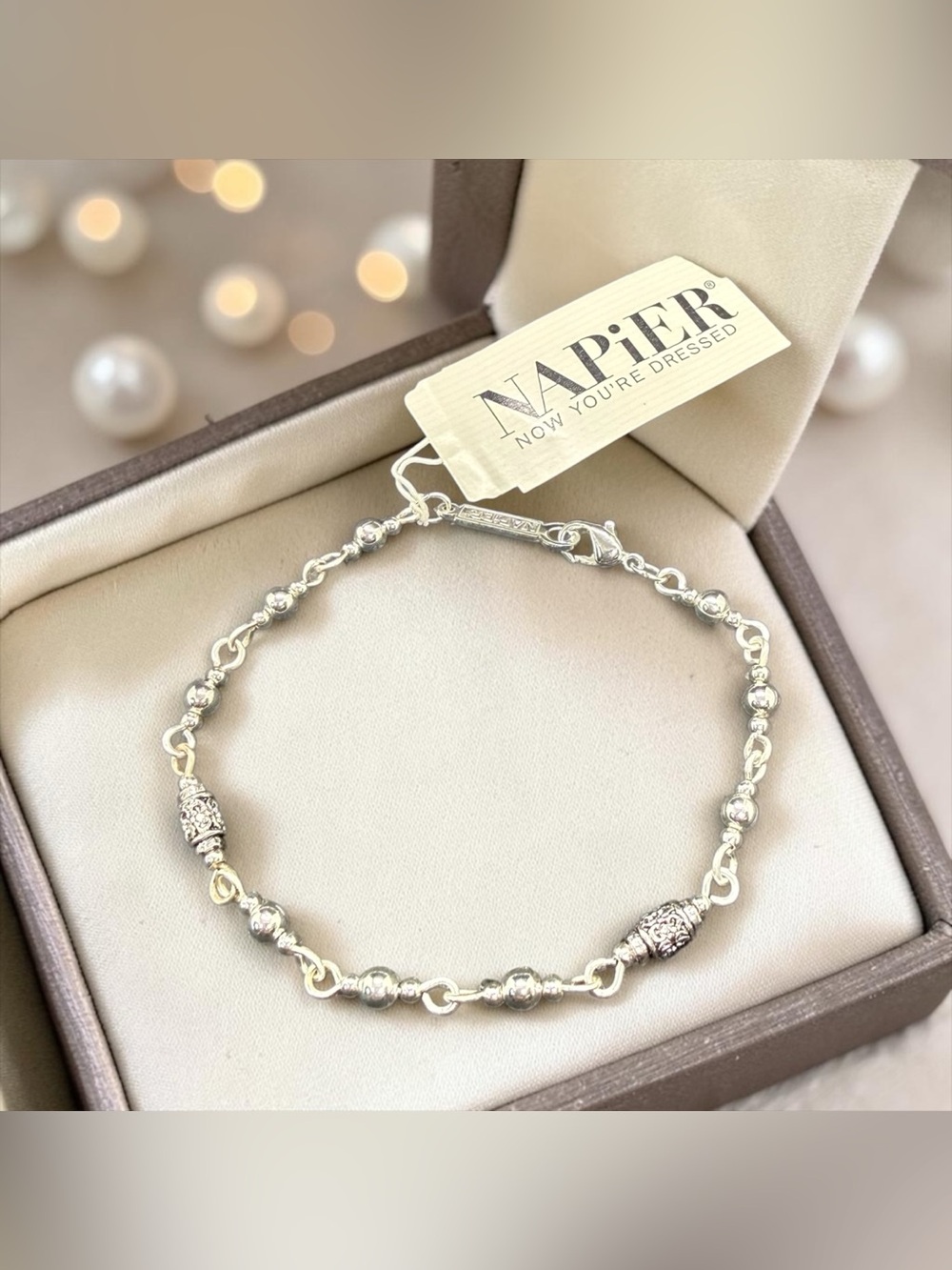 🩶NAPIER🩶Vintage Silver-Tone Bead & Barrel Bracelet/NWT